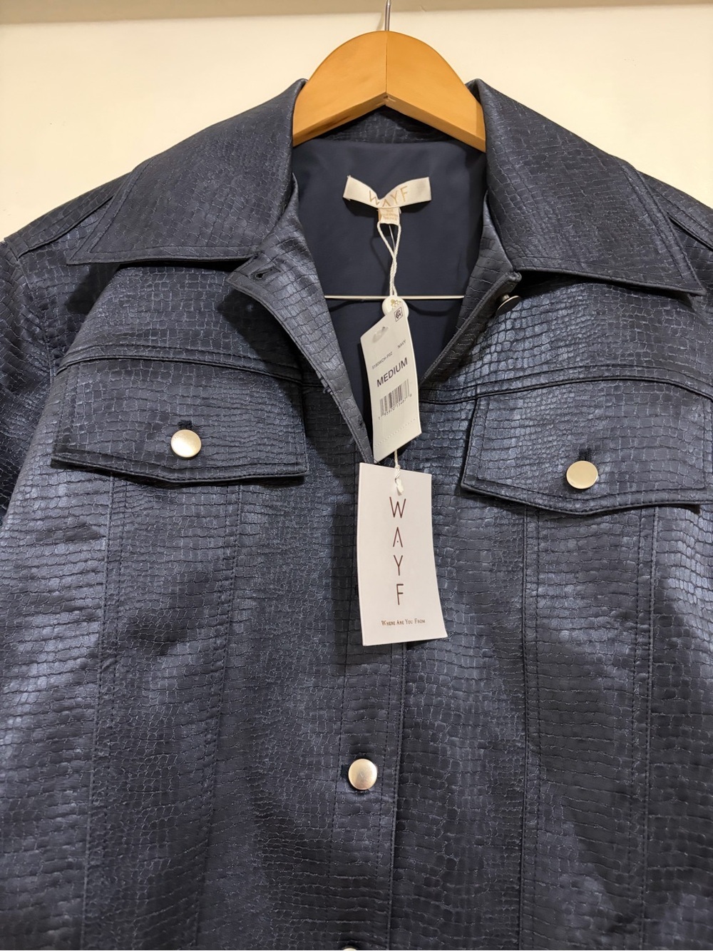 Wayf Camille Faux Leather Jacket in Metallic Navy - Picture 9 of 12